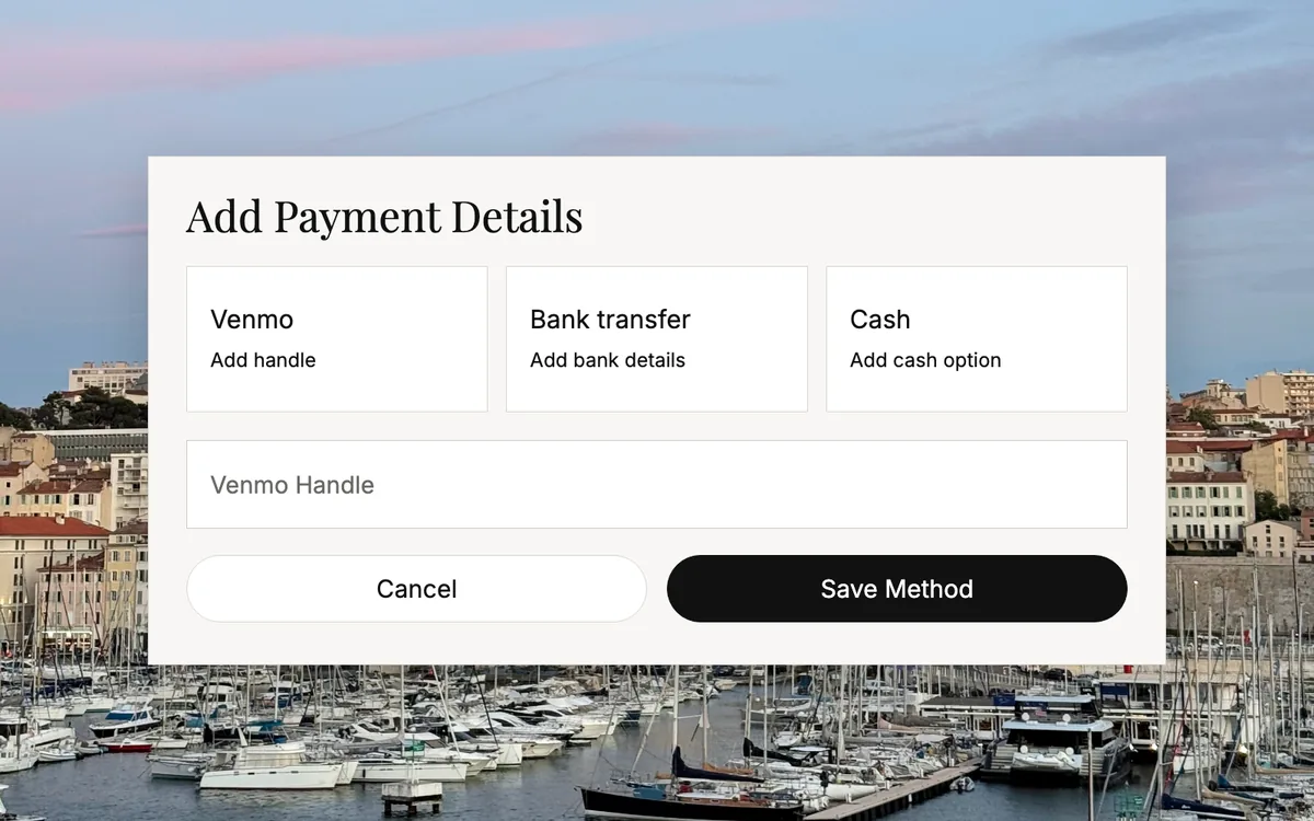 TuCasa payment method options over a Marseille harbor view