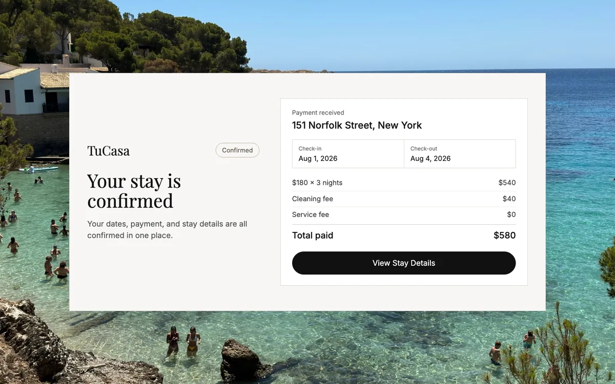 TuCasa booking confirmation email with a transparent payment summary over a coastal view